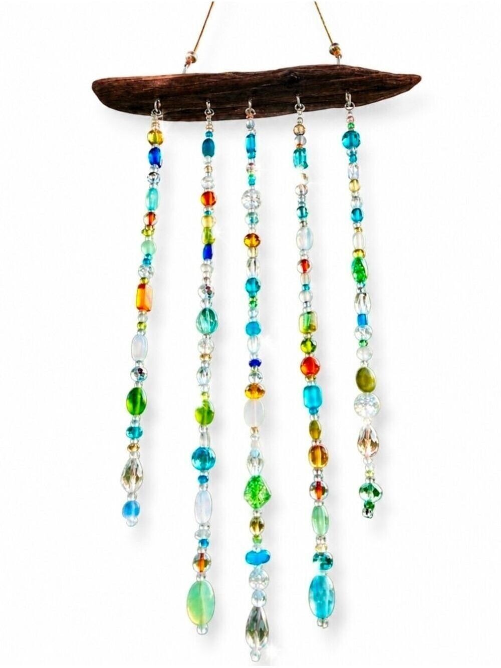 Handmade Driftwood Sun Catcher | Glass Bead Mobile | Coastal Boho Decor